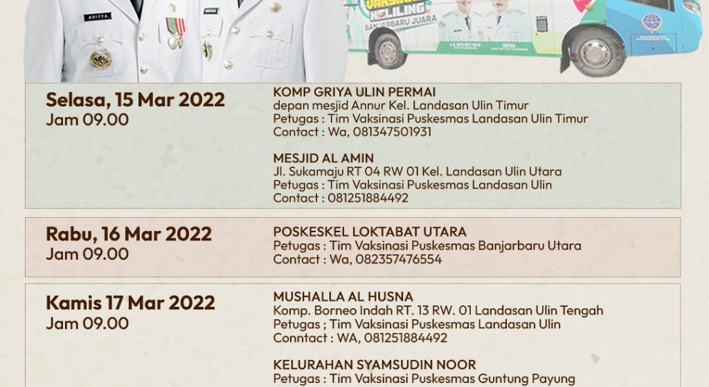 (Info Grafis) Jadwal Vaksin Bus Keliling 15 Maret s.d 20 Maret 2022